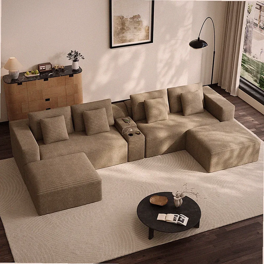 152 Inch Modular Corduroy Sectional Sofa Double Chaise Deep Seat w/ USB Console
