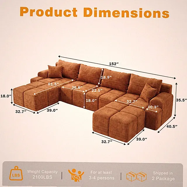 152"Modular Sectional Cloud Couch with Movable Ottoman, Oversized Boneless Couch