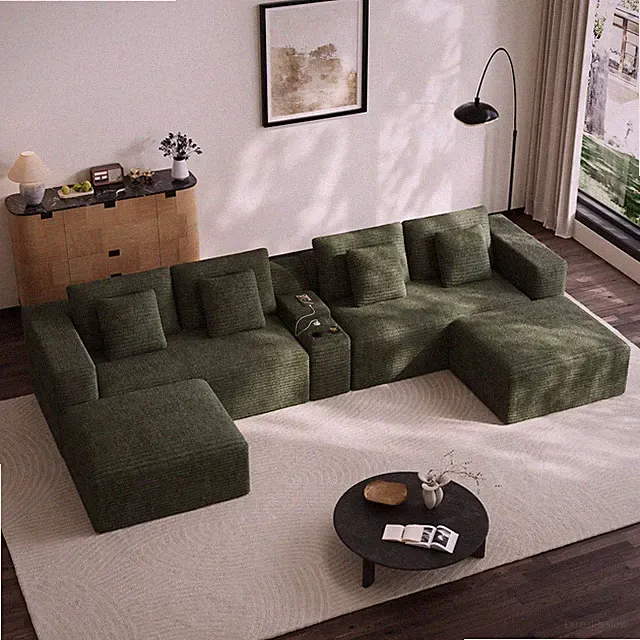 152" Plush Corduroy Modular Sectional Sofa Couch USB Cup Holders Storage Chaise