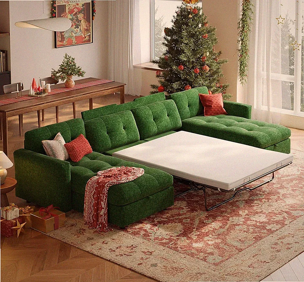 152" U-Shaped Sleeper Sofa with Memory Foam & Storage Chaise, Green
