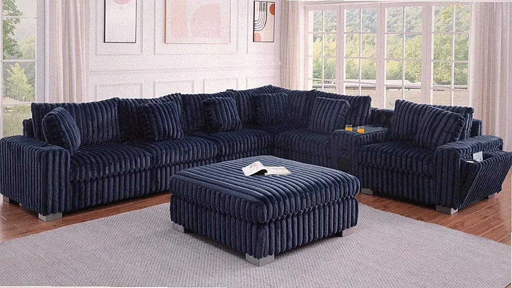 152"x132" Oversized Sofa Sectional BT Speaker Modern Blue Plush Fabric & Ottoman