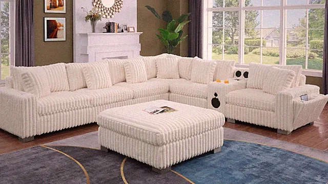 152x132" Oversized Sofa Sectional BT Speaker Modern Cream Plush Fabric & Ottoman