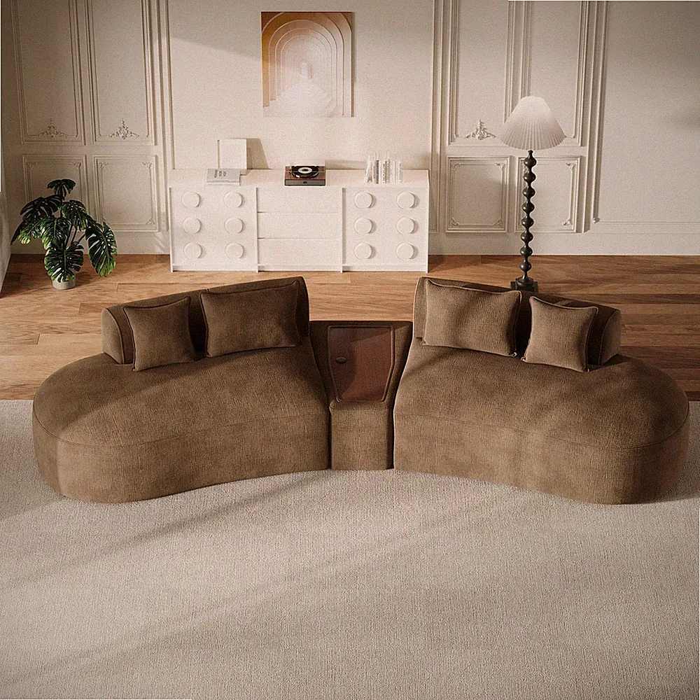 153" Chenille Curved Sectional Sofa Couch Center Table Living Room No Slip Pads