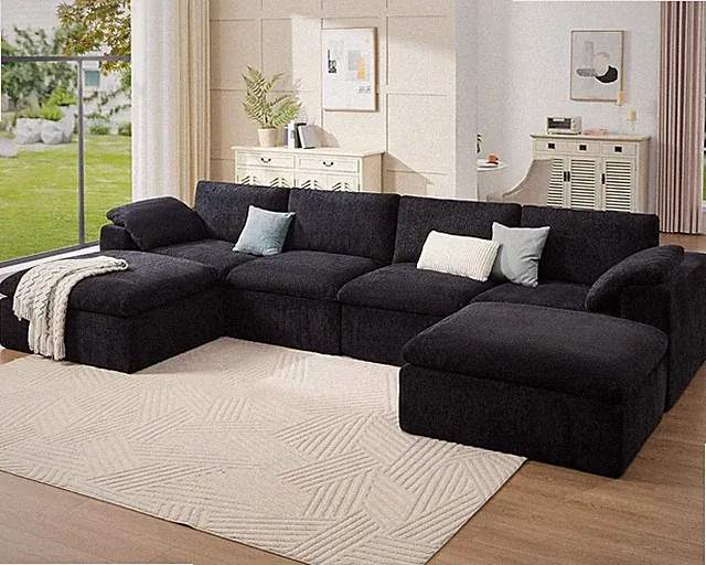 153" Cloud Modular Sectional Sofa, No-Assembly Chenille Couch, Black