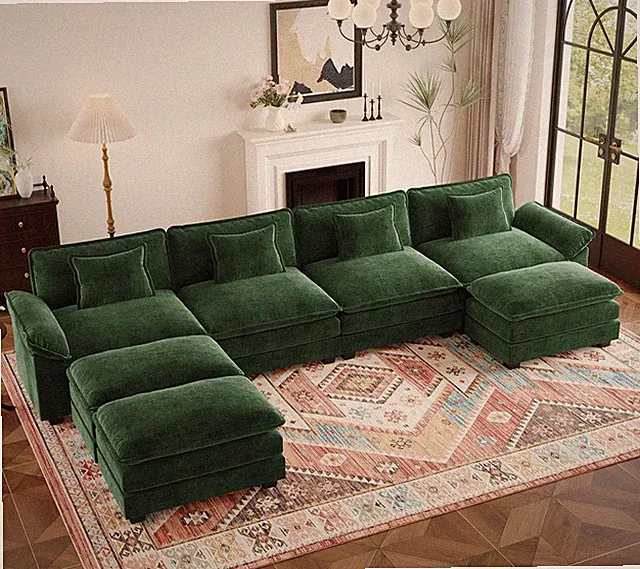 154" Modular Sectional Sofa, U Shaped Cloud Couch W/3 Ottomans, Green