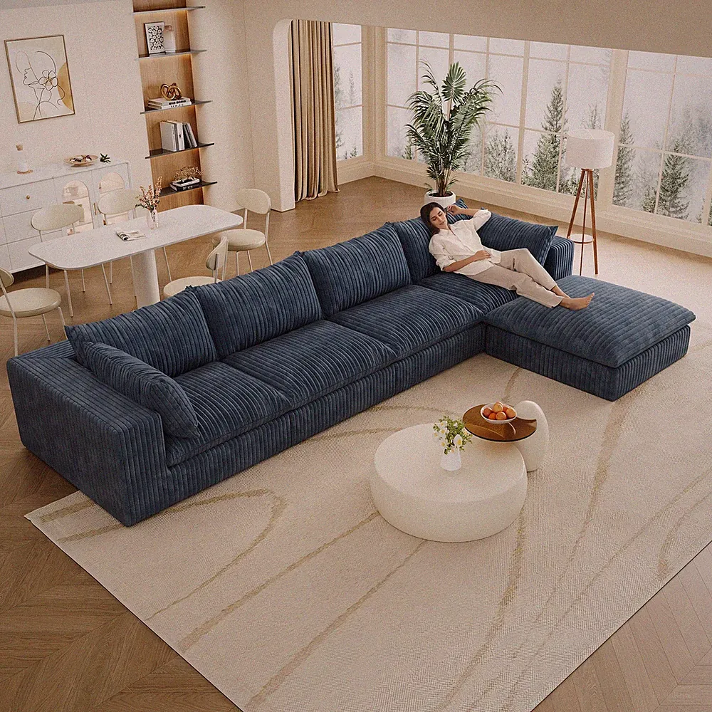 157.6" Modern Fabric Couch Sectional Cloud Sofa Corduroy Blue Chaise w/Ottoman