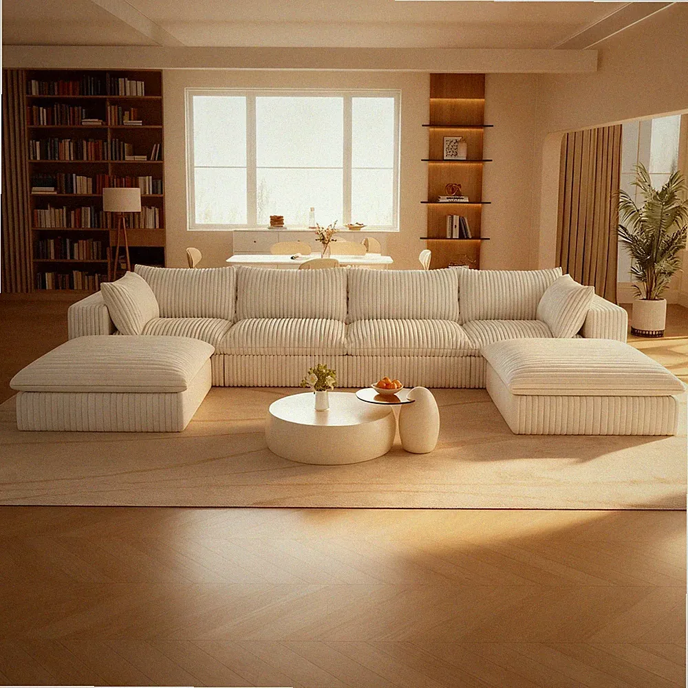 157" Modular Couch Cloud Sofa U Shaped Sectional Couch Corduroy with Two Ottoman