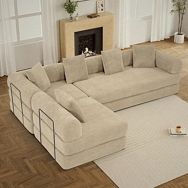 158" Corduroy Modular Compressed Futon Sofa Bed Pull-Out Cloud Sectional Couch