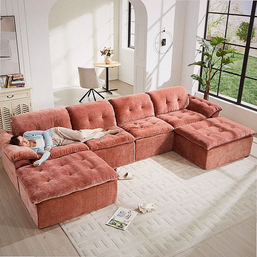 158" U-Shaped Modular Chenille Cloud Sectional Sofa with Ottoman