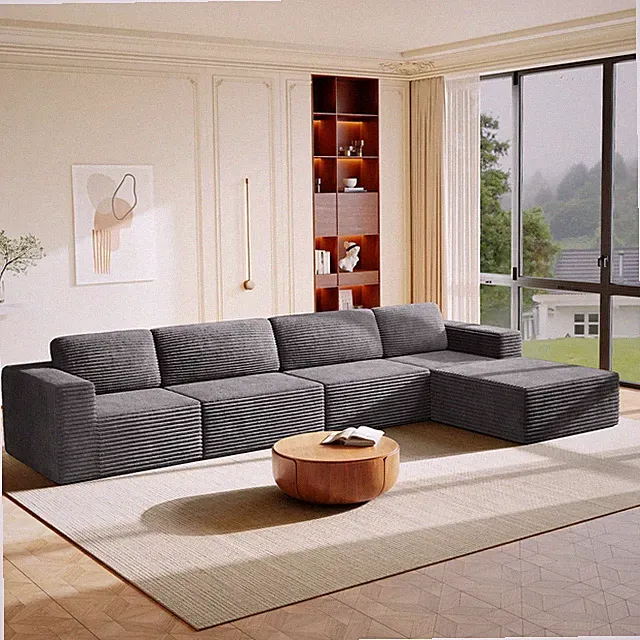 159" L-Shaped 4-Seater Boneless Sectional Sofa Corduroy Cloud Ottoman Grey