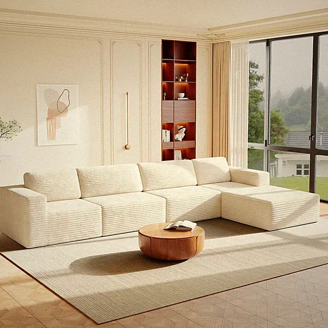 159" L Shaped Modular Sectional Sofa Corduroy 4 Seater Movable Ottoman Beige