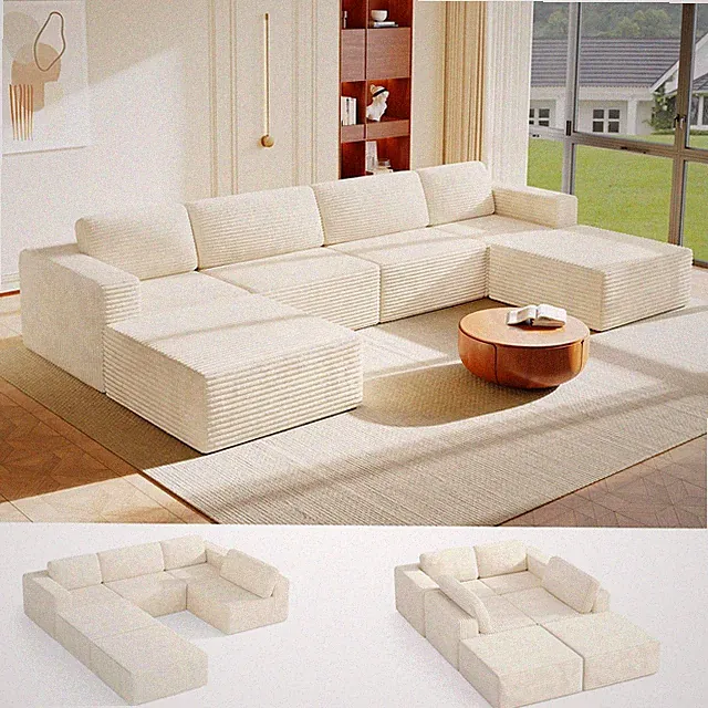 159 U-Shaped Corduroy Cloud Sectional Sofa Spring 2 Ottomans No Assembly Beige