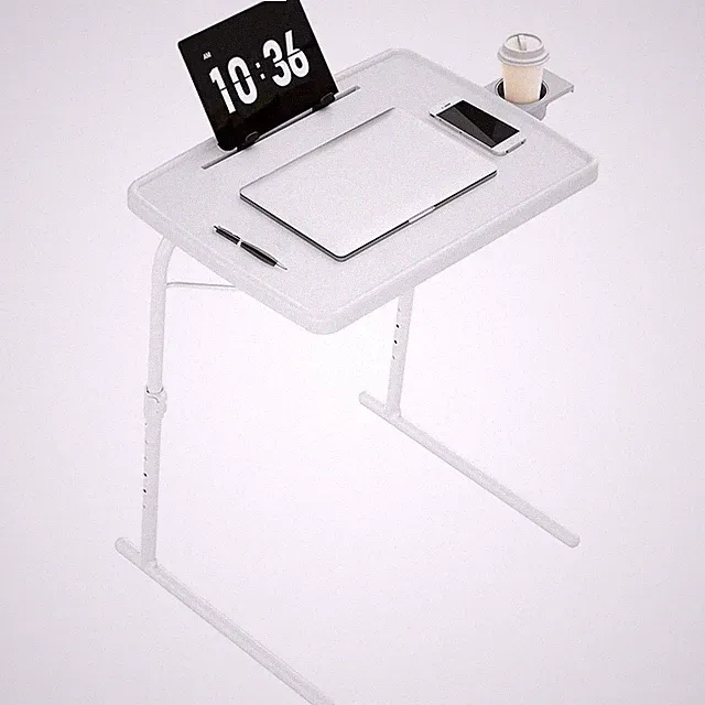 16.9"×22" White Adjustable TV Tray Table with Book Stand Cup Holder Tablet Slot