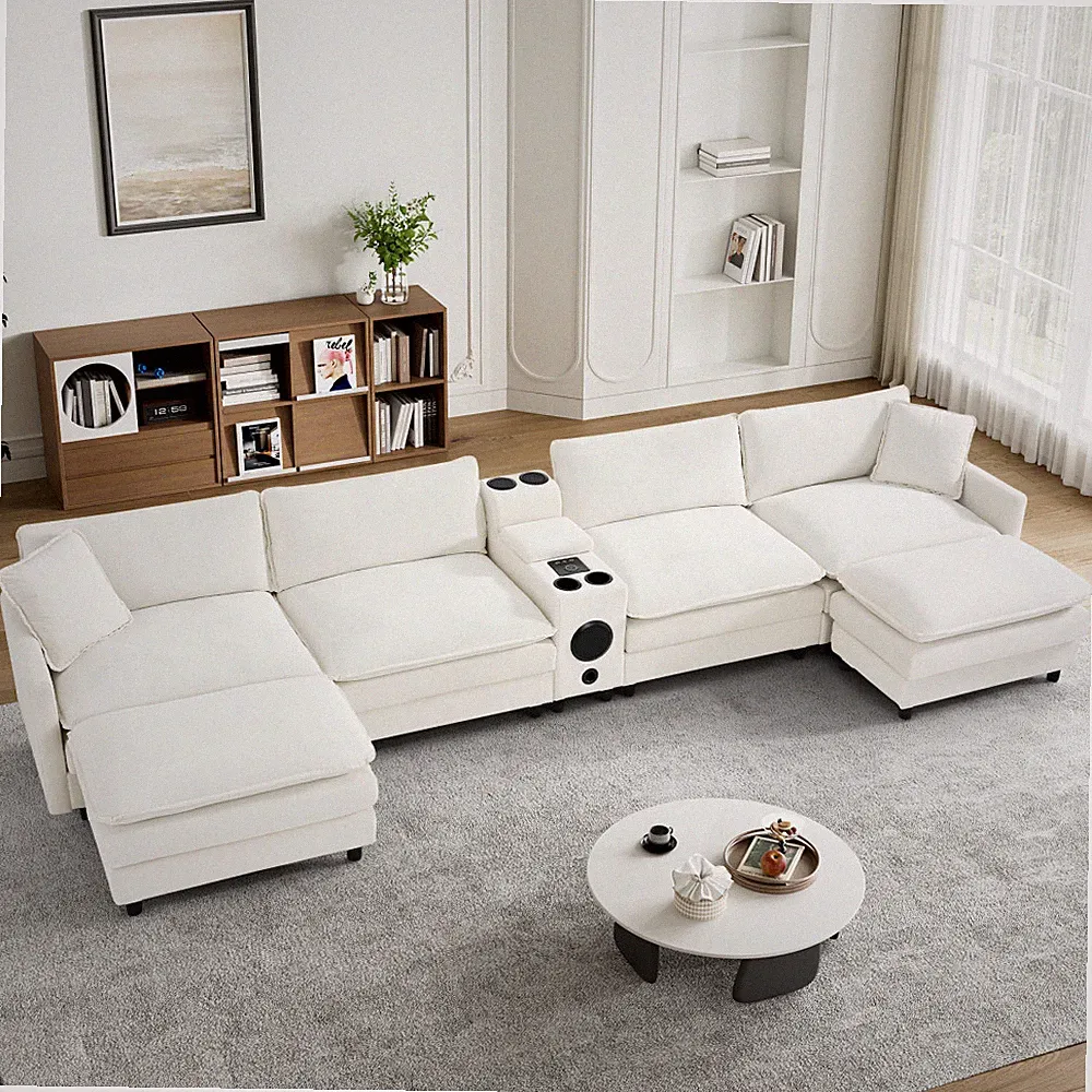 162" Oversized Deep Seat U-Shaped Sectional Sofa Couch w/ Console & Music Player