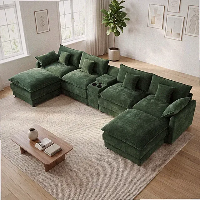 164" Oversized U-Shaped Chenille Sectional Sofa Double Chaise Deep Seat Couch