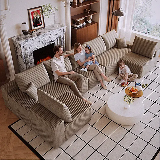 166" Cloud Sectional Sofa, U-Shaped, Corduroy, Camel, No Assembly Required