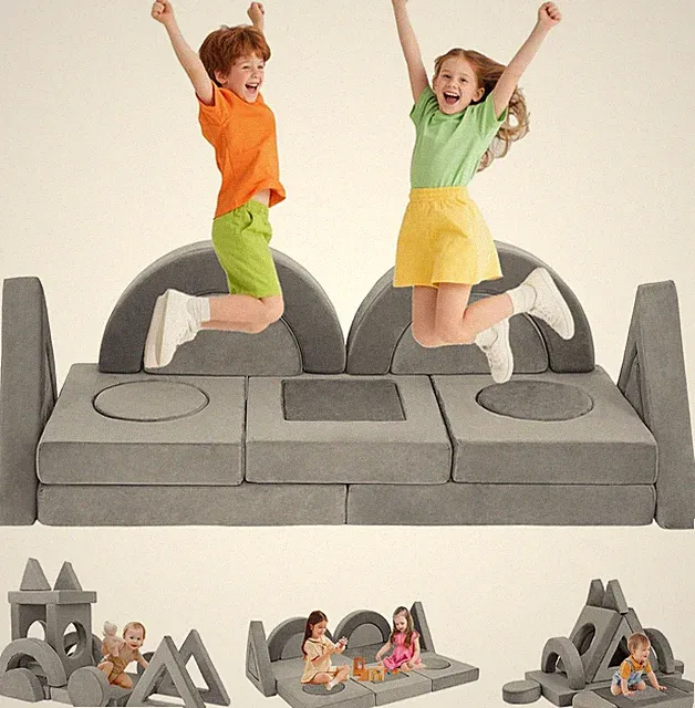 16PCS Convertible Kids Play Couch - Washable Foam Sofa for Creative Fun (Grey)