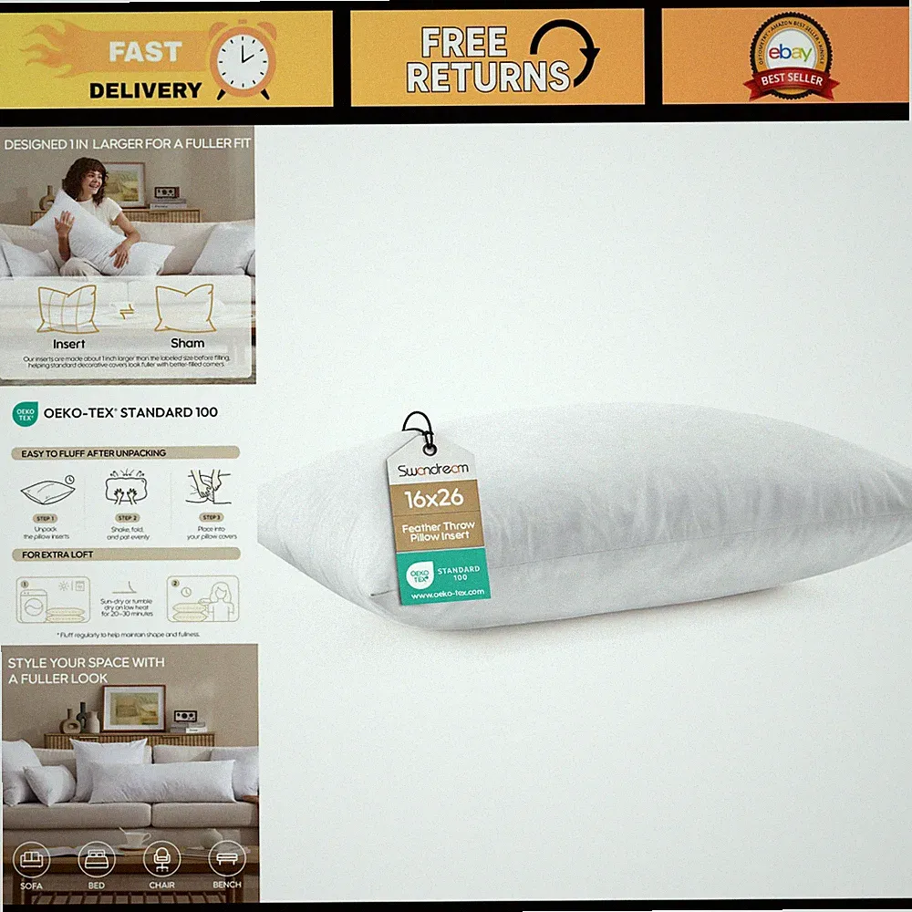 16x26 Decorative Feather Lumbar Pillow Insert, Soft Support for Couch & Bed