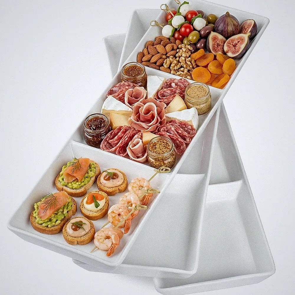 16x5 Inch Ceramic 3-Section Serving Tray Set of 3, Stackable Divided Serving...