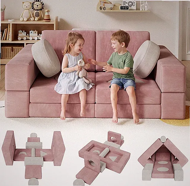17-Piece Kids Couch with Shape Pillows&Window Panels,Convertible Play Couch