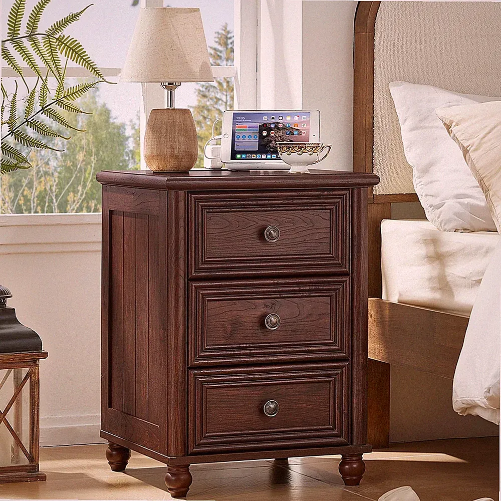 18 Farmhouse Nightstand Charging Station USB Walnut 3 Drawers Wood Bedside Table