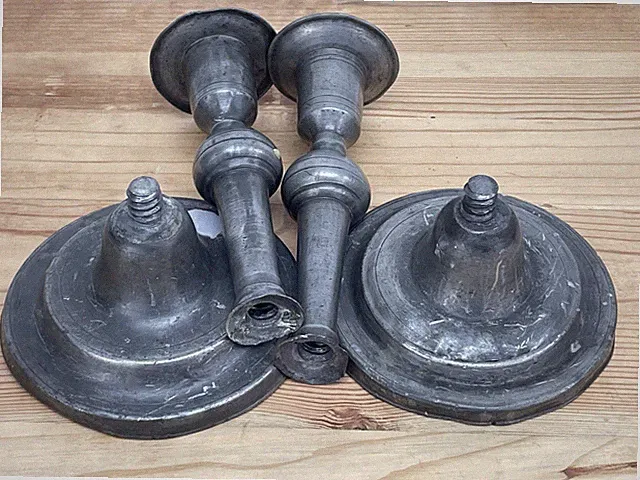 1800's Pair Antique Spun Pewter Candlesticks Candle Holders Threaded Sectional