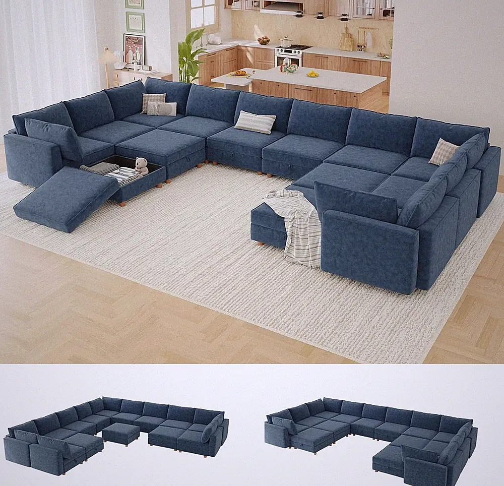186" Oversized Chenille Modular Sectional Sofa with Hidden Storage & Washable Co