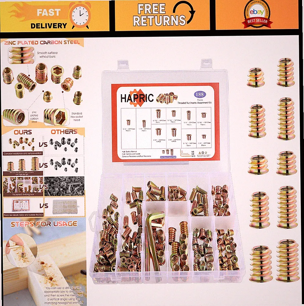191 Pcs Wood Threaded Inserts Set with Hex Wrench, 10 Sizes for Furniture Repair