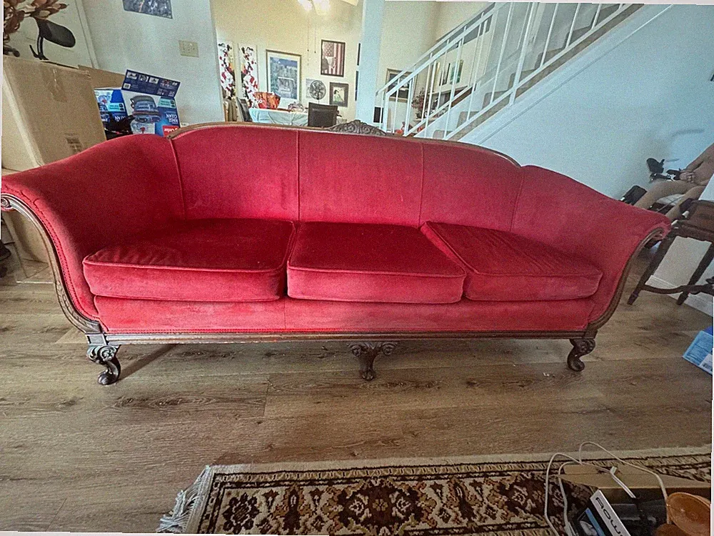1928 Victorian Red Velvet Sofa, Armchair and Footstool