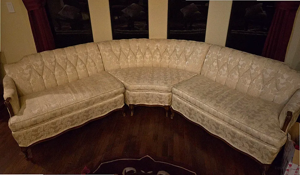 1940's Bench Seat Sectional Sofa Diamond Tufted French Legs Vintage White Cute!