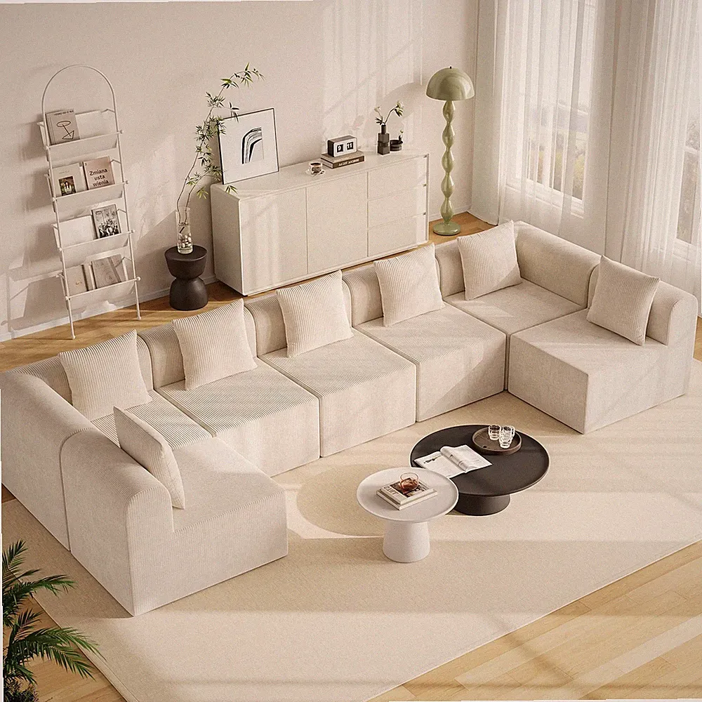 197.6" Modular L-Shape Cloud Sofa Deep Seat Memory Foam Boneless Warm White 7Pc