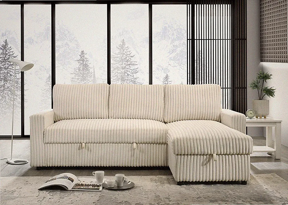 1pc Cream Reversible Sectional Sofa Bed Corduroy Fabric Storage Chaise