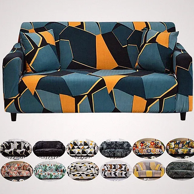 1pc Geometric Printed Milk Silk Sofa Slipcover Non-Slip Adjustable Couch Cover