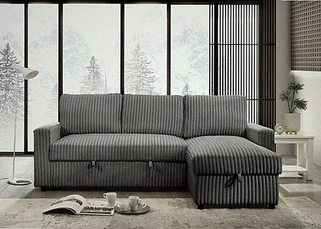 1pc Reversible Sectional Sofa Bed Corduroy Fabric Storage Chaise Light Gray