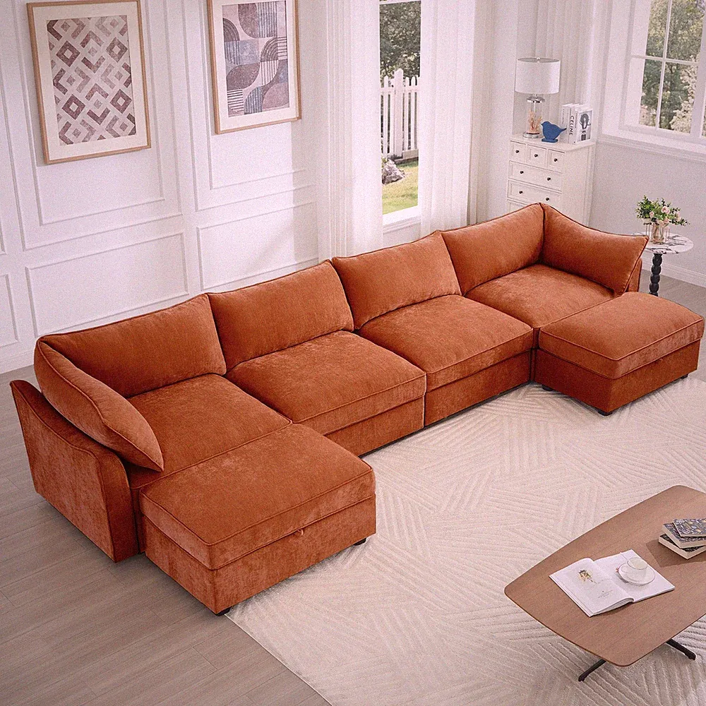 2-4 Seat Living Room Modular Sectional Chenille Sofa Set w/ Storage w/O Ottoman