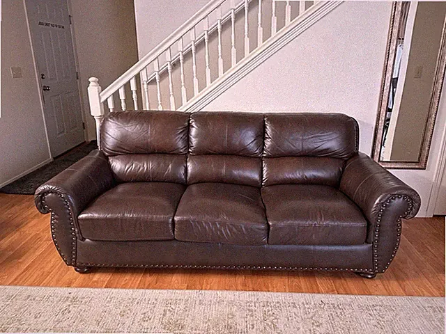 2 Ashley Furniture Brown Leather Sofa Rolled Arms Nailhead Trim Pillow Back
