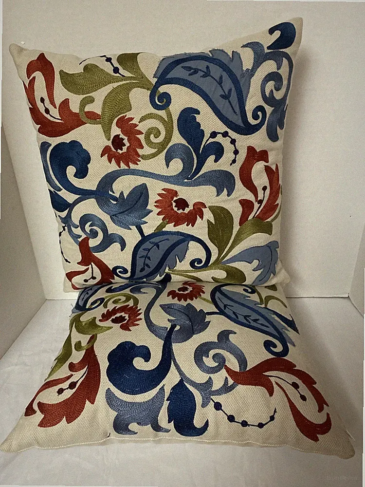 2 Crate & Barrel Elyse Pillow Floral Blue Red Green Cream Canvas Down Feather