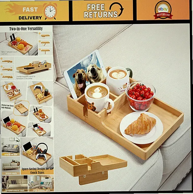 2-in-1 Bamboo Couch Tray Organizer with Cup Holders - Fits Sofa Gaps & Ottomans