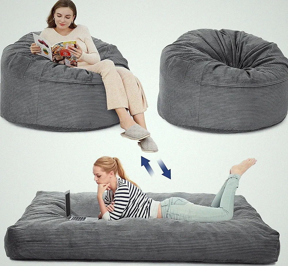 2-in-1 Bean Bag Chair Queen Sofa Bed Floor Mattress Foam Filled Couch 48x48x27in