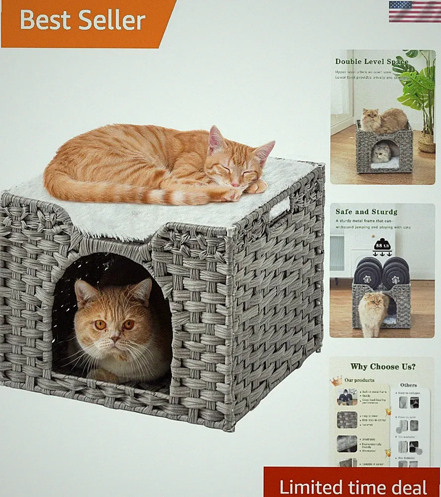 2-in-1 Cat Condo & Perch - Sturdy Rattan PE Cat Bed - Stylish Gray 16.5 In