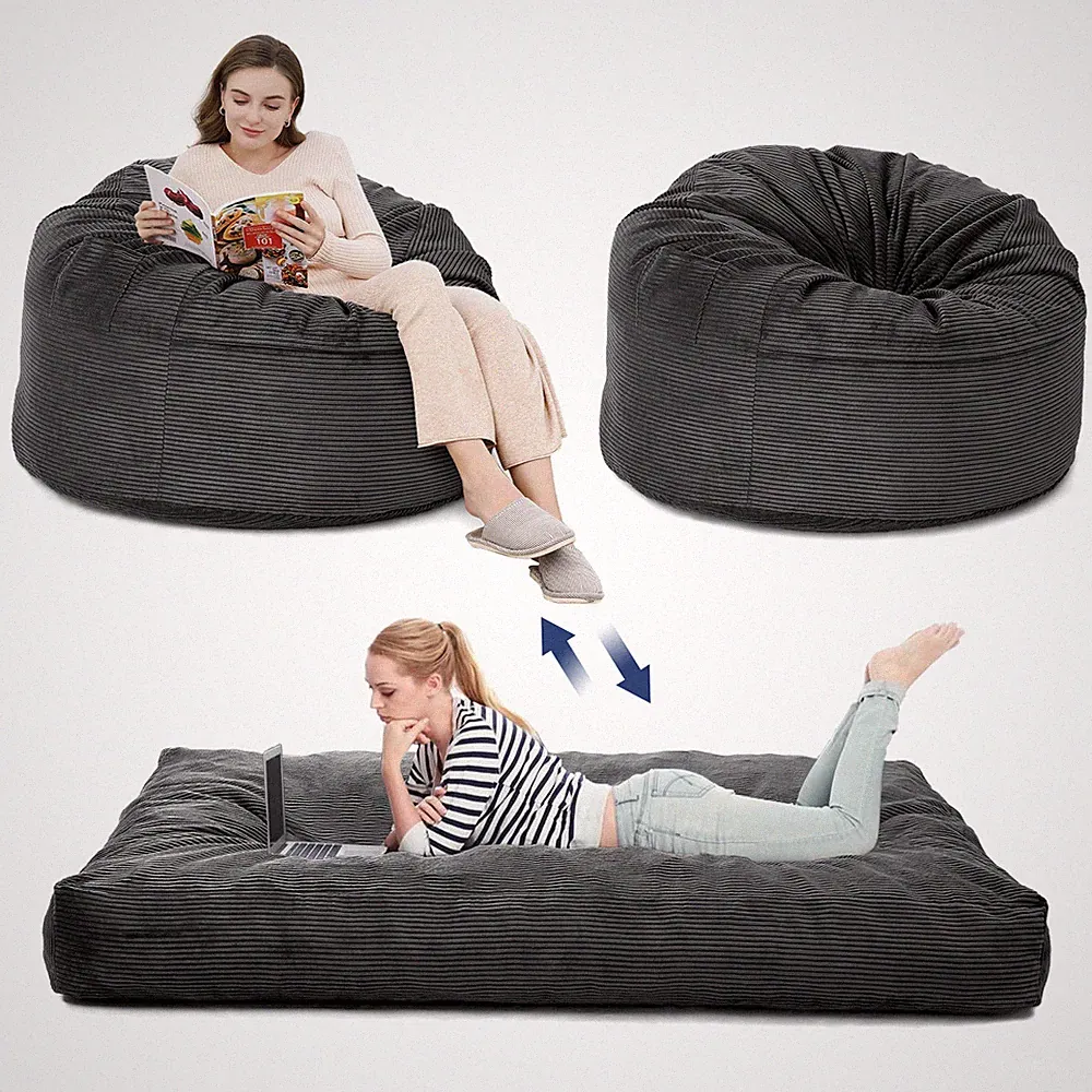 2-in-1 Convertible Bean Bag Chair Bed Memory Foam Sofa Removable Corduroy Cover