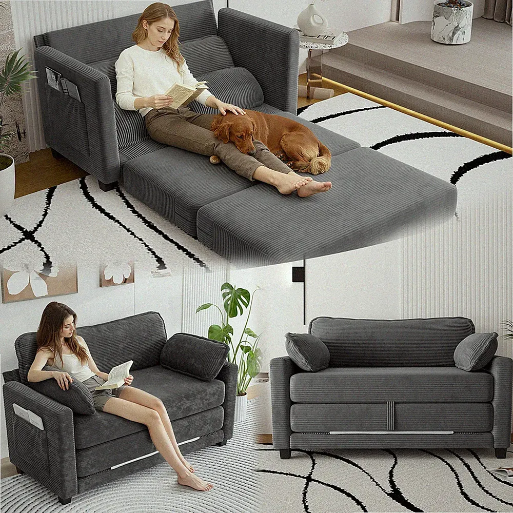 2-in-1 Convertible Corduroy Sofa Bed, 2-Seater Two-Form Switch Loveseat Sleeper
