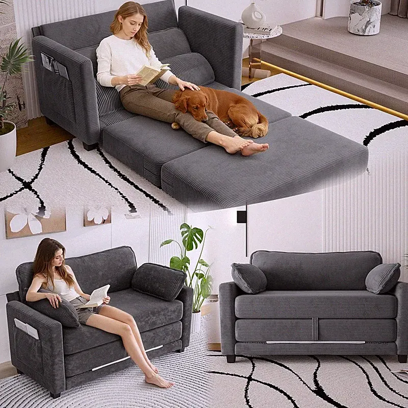 2-in-1 Convertible Corduroy Sofa Bed, Folding 2-Seater Loveseat Sleeper Sofa