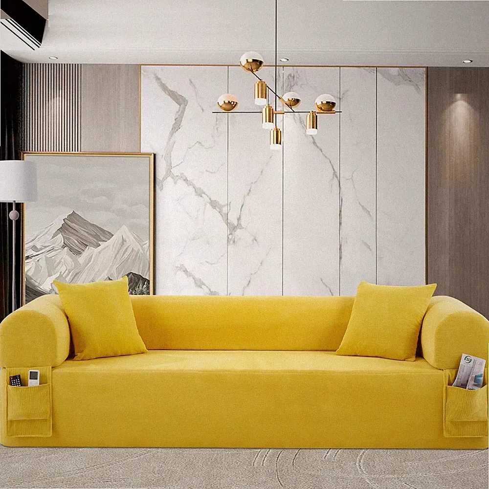 2-in-1 Convertible Floor Sofa Bed-Modern 3 Seater Spring Sofa with Side Pockets