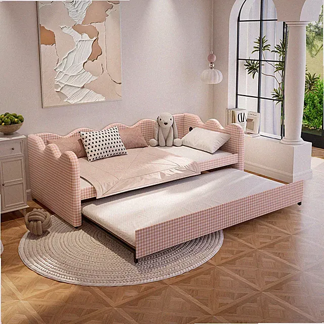 2 in 1 Convertible Sofa Bed Fabric Couch Bed W/USB Charging for Small Space Pink