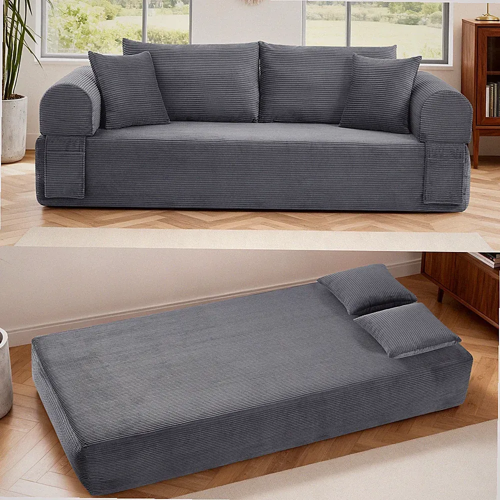 2-in-1 Convertible Sofa Bed,Modern Corduroy Futon Sleeper Couch with Side Pocket