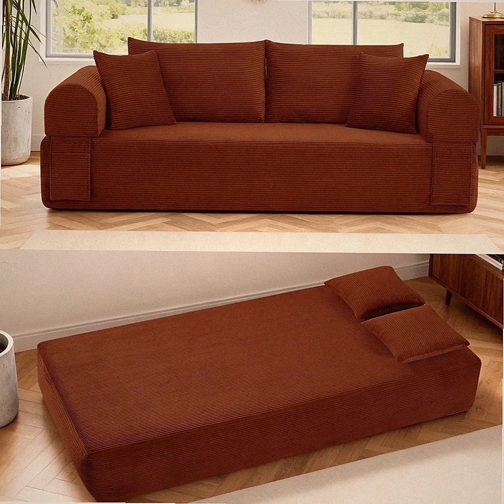 2-in-1 Convertible Sofa Bed,Modern Corduroy Futon Sleeper Couch with Side Pocket
