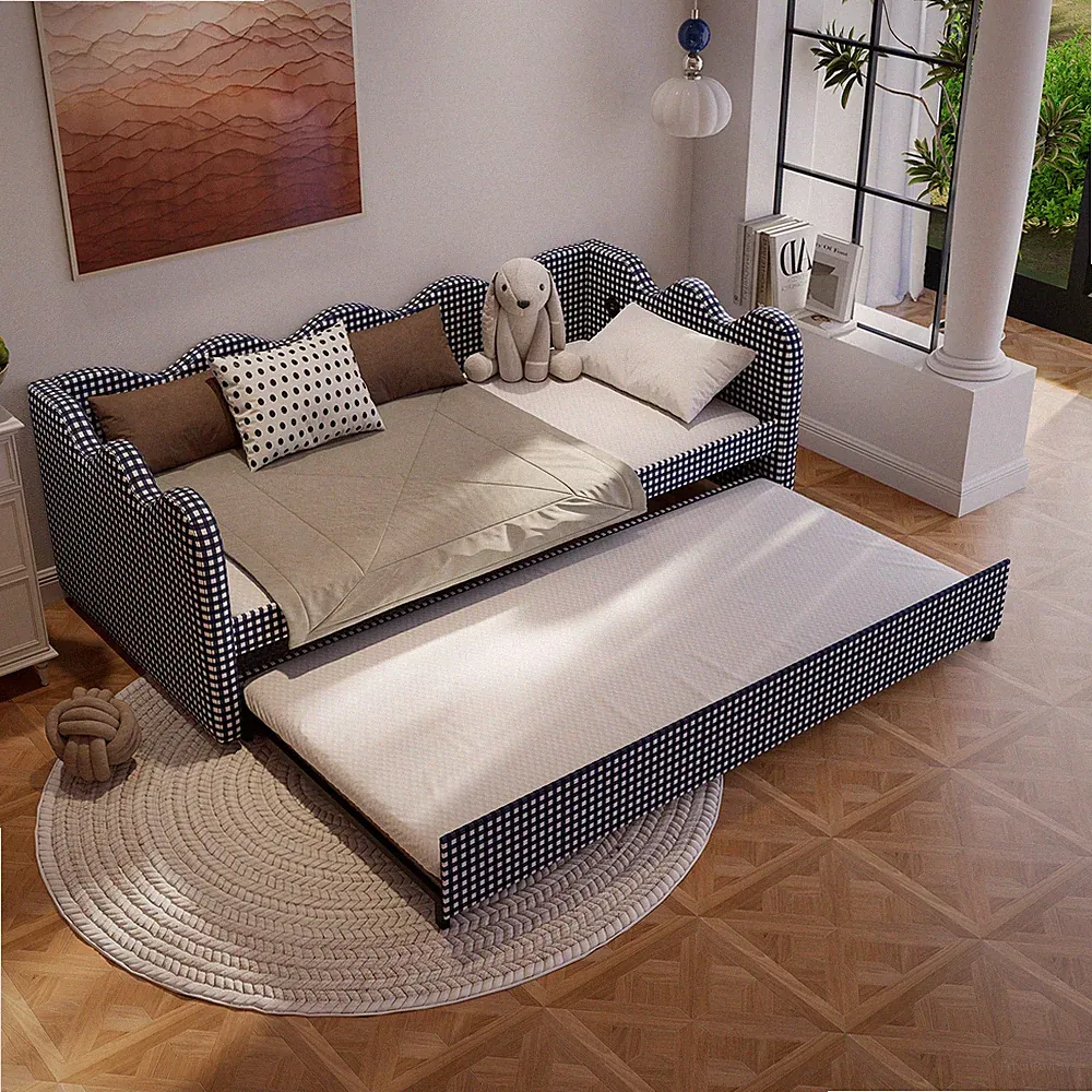 2 in 1 Convertible Sofa Bed,Plaid Fabric Couch Bed w/USB Port,Triple Reinforced
