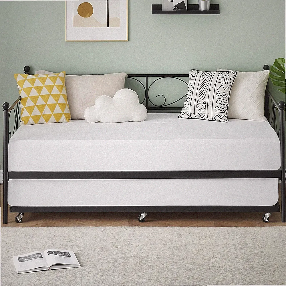 2 In 1 Convertible Twin Size Daybed W/ Pull Out Trundle Bed Frame Sofa Bed Metal