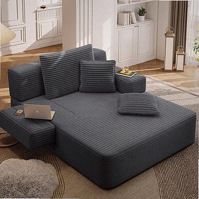 2-in-1 Corduroy Lounge Chair Sofa Bed with Side Pocket & Side Table No Assembly